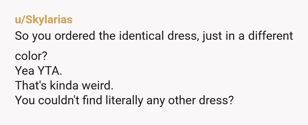 u/Extension-Clock608 YTA. Why in the world did you think that was a good idea? It's the same dress and you know it. It's not her fault that you wasted your...