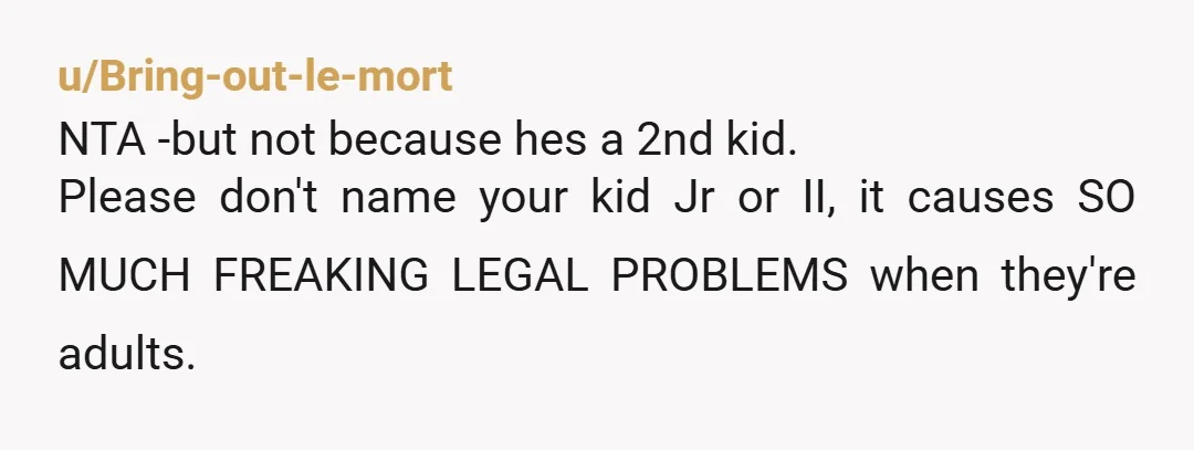u/Bring-out-le-mort NTA -but not because hes a 2nd kid. Please don't name your kid Jr or II, it causes SO MUCH FREAKING LEGAL PROBLEMS when they're adults. My spouse is...