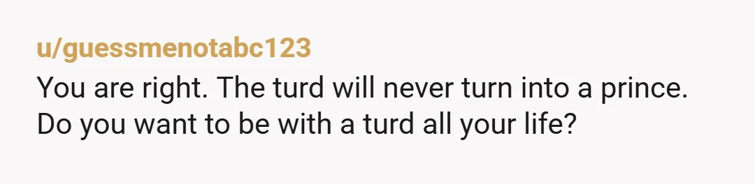 u/guessmenotabc123
You are right. The turd will never turn into a prince.
Do you want to be with a turd all your life?