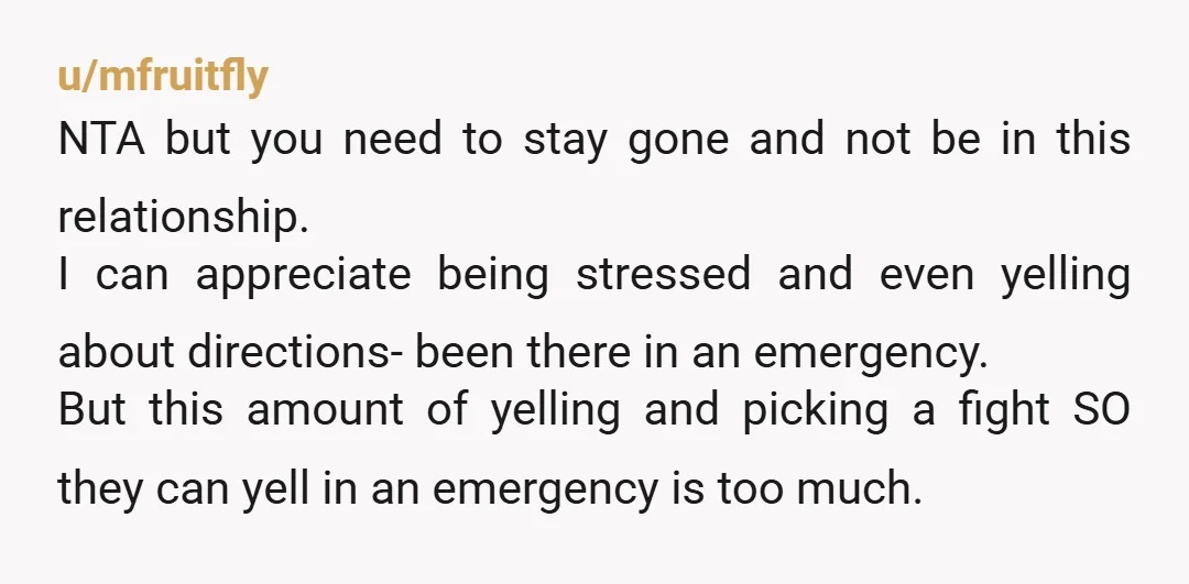 u/mfruitfly NTA but you need to stay gone and not be in this relationship. I can appreciate being stressed and even yelling about directions- been there in an emergency. But...