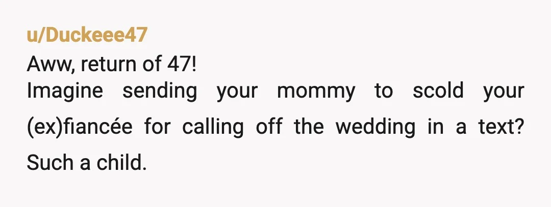 u/Duckeee47
Aww, return of 47!
Imagine sending your mommy to scold your (ex)fiancée for calling off the wedding in a text? Such a child.