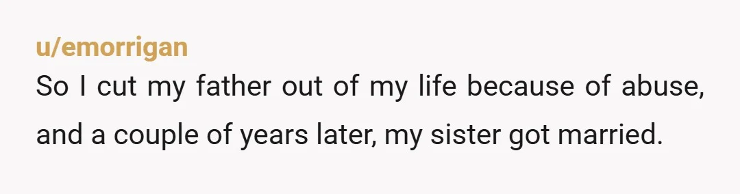 u/BeautifulChaosEnergy Tell your sibling to go back in time and stop them from abusing you and then you’ll gladly attend their wedding with your parents there Ridiculous right? Well that’s...