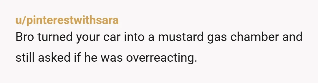 u/pinterestwithsara
Bro turned your car into a mustard gas chamber and still asked if he was overreacting.