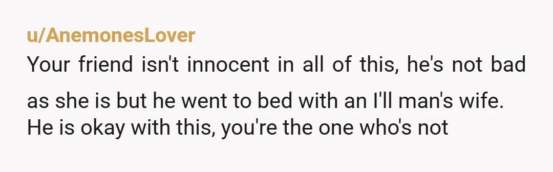 u/AnemonesLover Your friend isn't innocent in all of this, he's not bad as she is but he went to bed with an I'll man's wife. He is okay with this,...