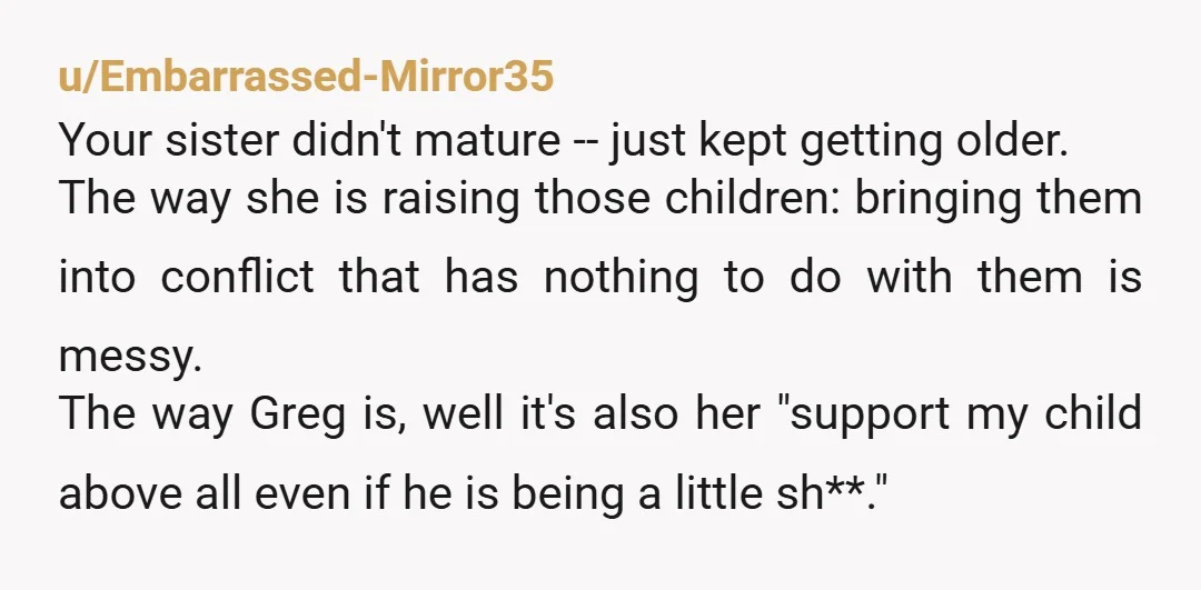 u/Embarrassed-Mirror35 Your sister didn't mature -- just kept getting older. The way she is raising those children: bringing them into conflict that has nothing to do with them is messy....