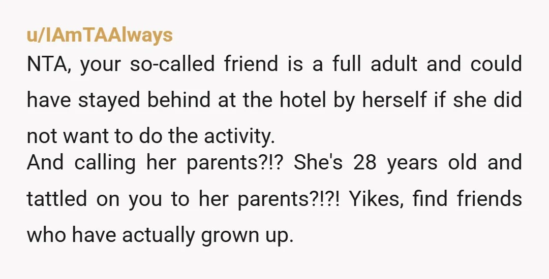 u/IAmTAAlways NTA, your so-called friend is a full adult and could have stayed behind at the hotel by herself if she did not want to do the activity. And calling...