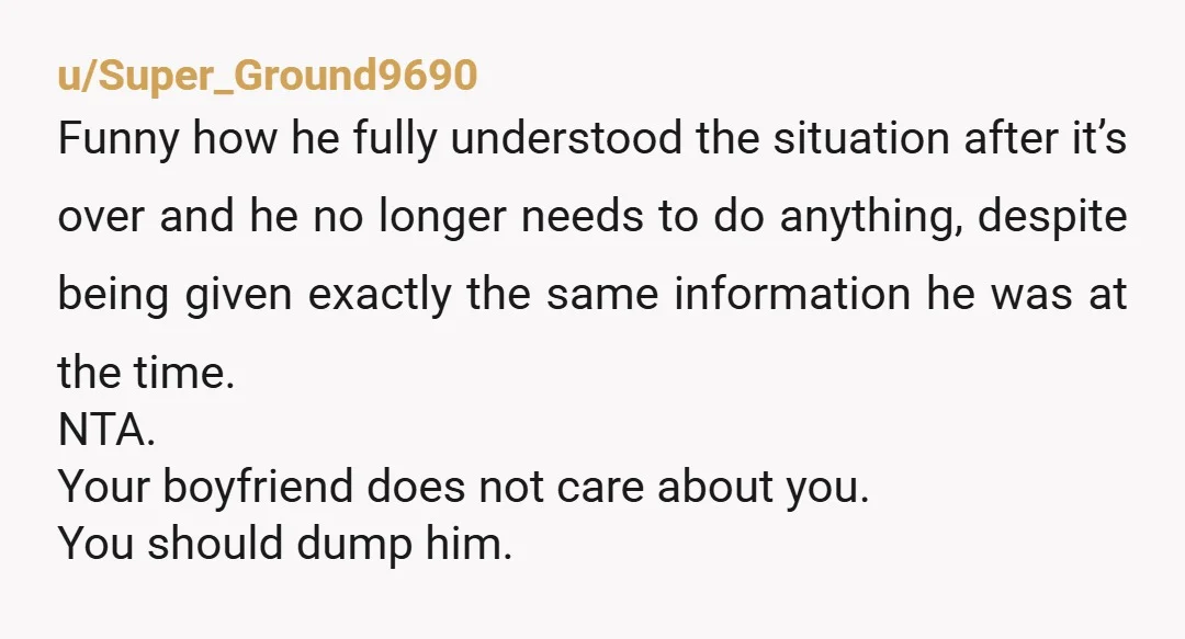 u/HuntAccurate9397
NTA and I would not bother speaking to him again other than to dump him, you deserve better!