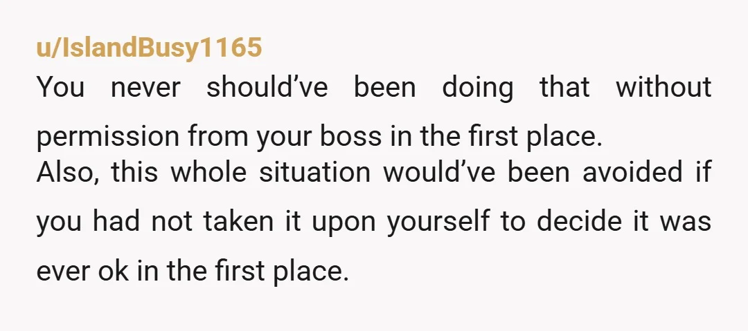 u/IslandBusy1165 You never should’ve been doing that without permission from your boss in the first place. Also, this whole situation would’ve been avoided if you had not taken it upon...