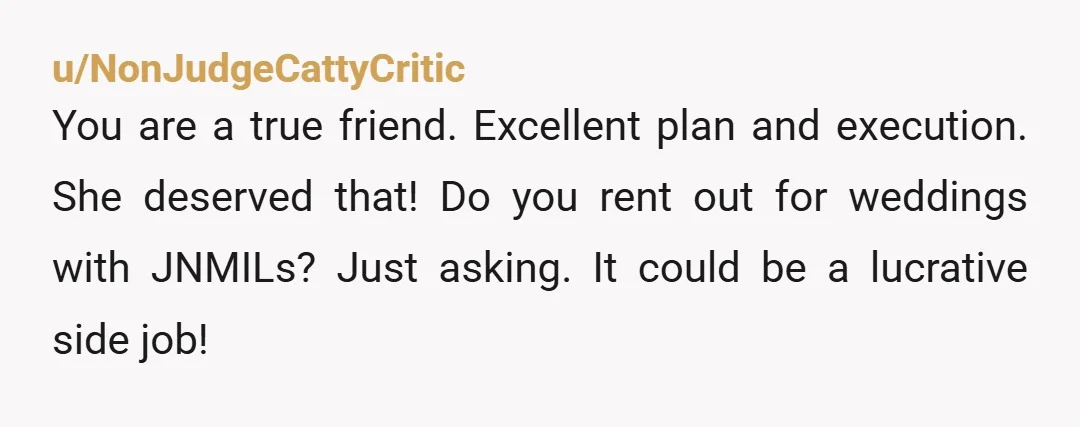 u/NonJudgeCattyCritic
You are a true friend. Excellent plan and execution. She deserved that! Do you rent out for weddings with JNMILs? Just asking. It could be a lucrative side job!