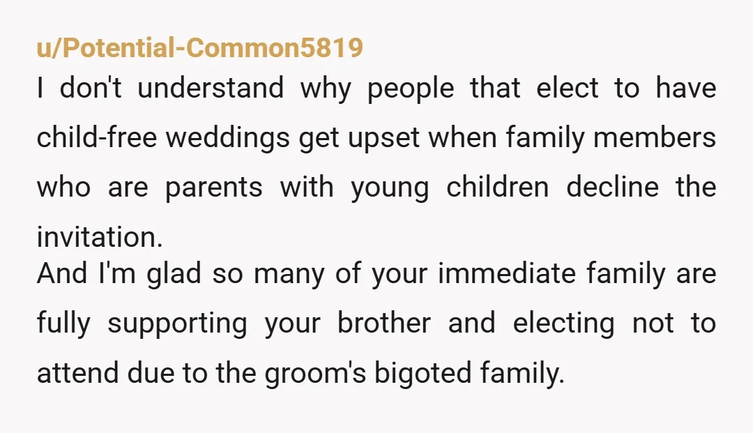 u/Sweaty_Item_3135 Bigotry and ableism aside, as someone who had a CF wedding and who lives a CF lifestyle, parents of young kids not being able to make it just kind...