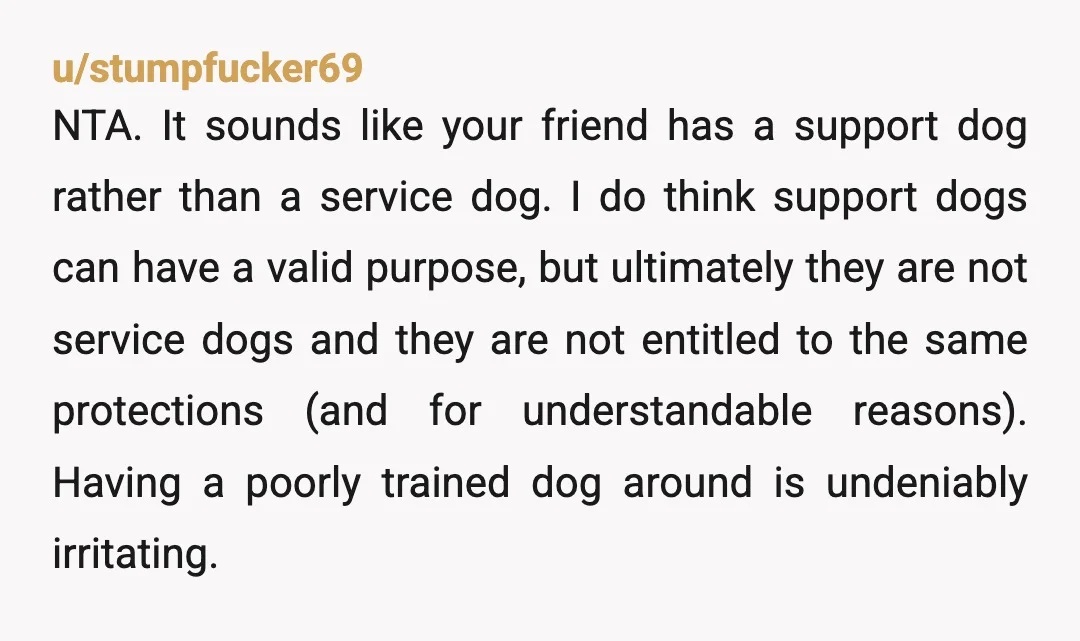 u/Dummyact321
NTA, people like your friend make it harder for people who actually need service dogs.