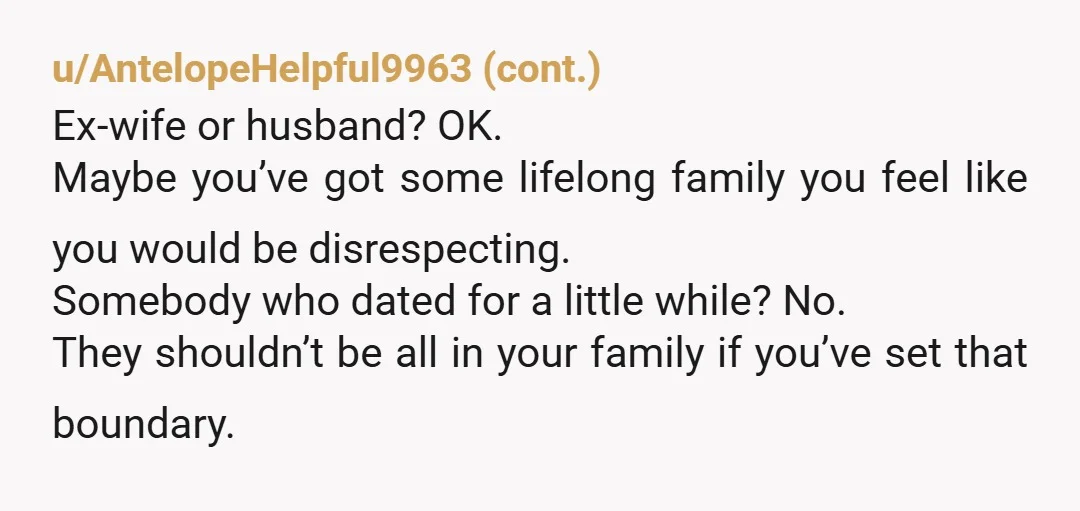 u/Old-Bad-7322 NTA she’s 8, why does your ex want to keep interacting with an unrelated child? All these people saying YTA are being ridiculous