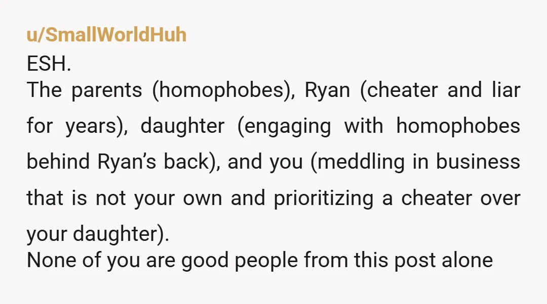 u/_xnightwish NTA. She was secretly taking her child to visit people who disowned and called their own son a slur. Ryan deserved to know, and you were right to tell...