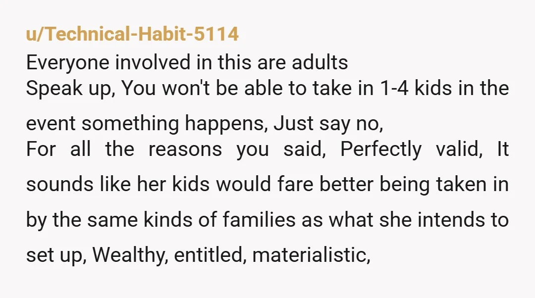 u/PettyYetiSpaghetti No, you wouldn't be the AH. Also, the kids would only end up in foster care if they also have zero friends that would be willing to take the...