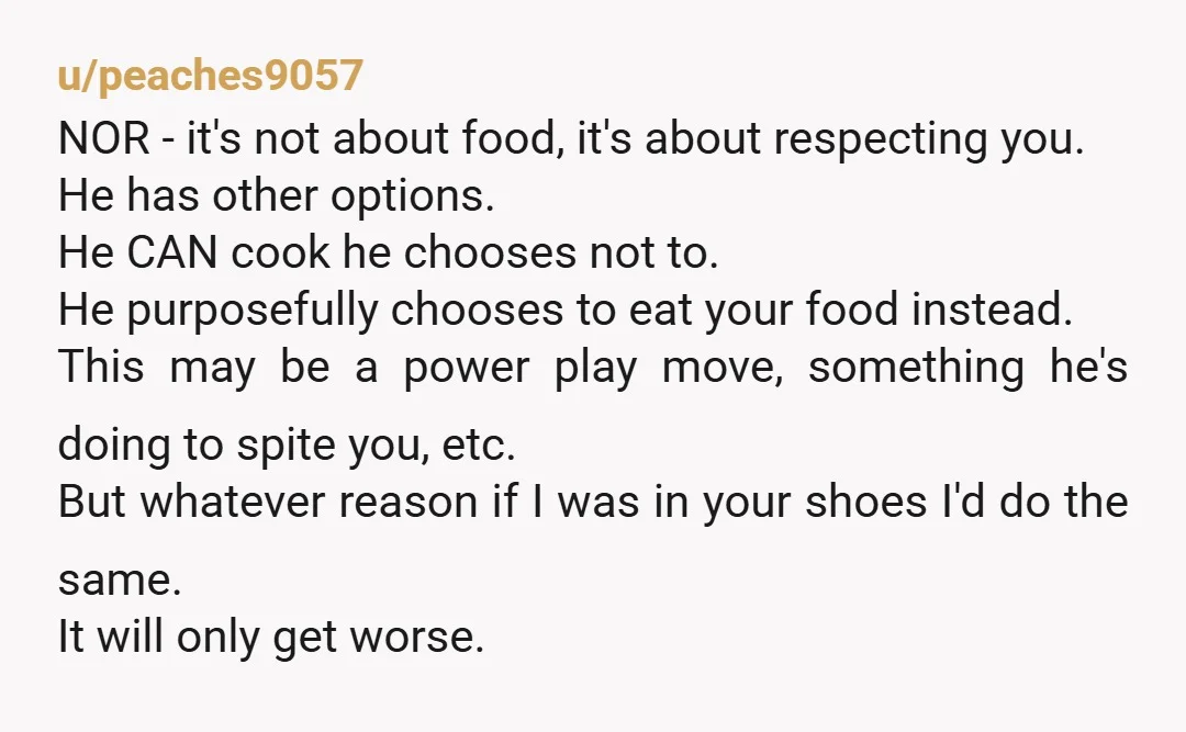 u/peaches9057 NOR - it's not about food, it's about respecting you. He has other options. He CAN cook he chooses not to. He purposefully chooses to eat your food instead....