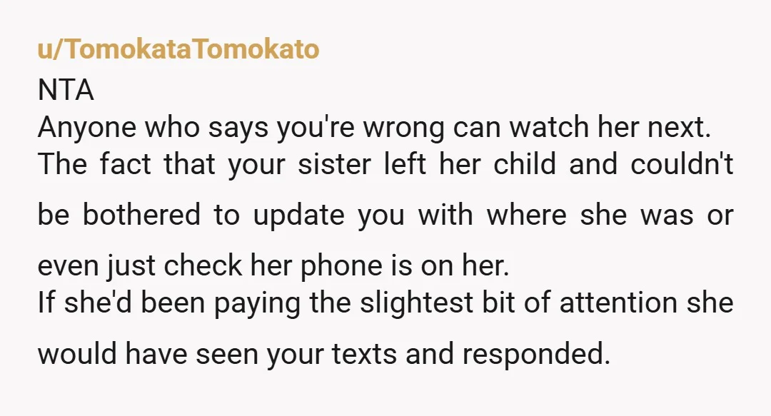 u/TomokataTomokato NTA Anyone who says you're wrong can watch her next. The fact that your sister left her child and couldn't be bothered to update you with where she was...