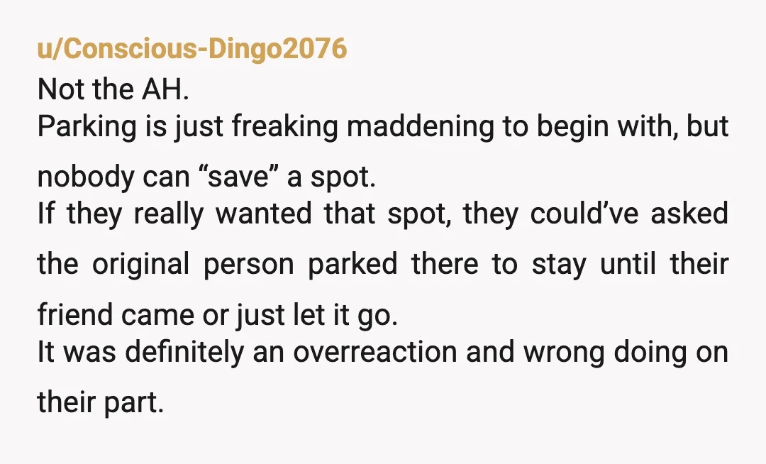 u/Conscious-Dingo2076 Not the AH. Parking is just freaking maddening to begin with, but nobody can “save” a spot. If they really wanted that spot, they could’ve asked the original person...
