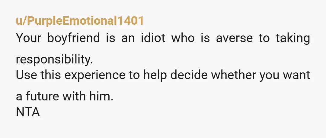 u/PurpleEmotional1401 Your boyfriend is an idiot who is averse to taking responsibility. Use this experience to help decide whether you want a future with him. NTA