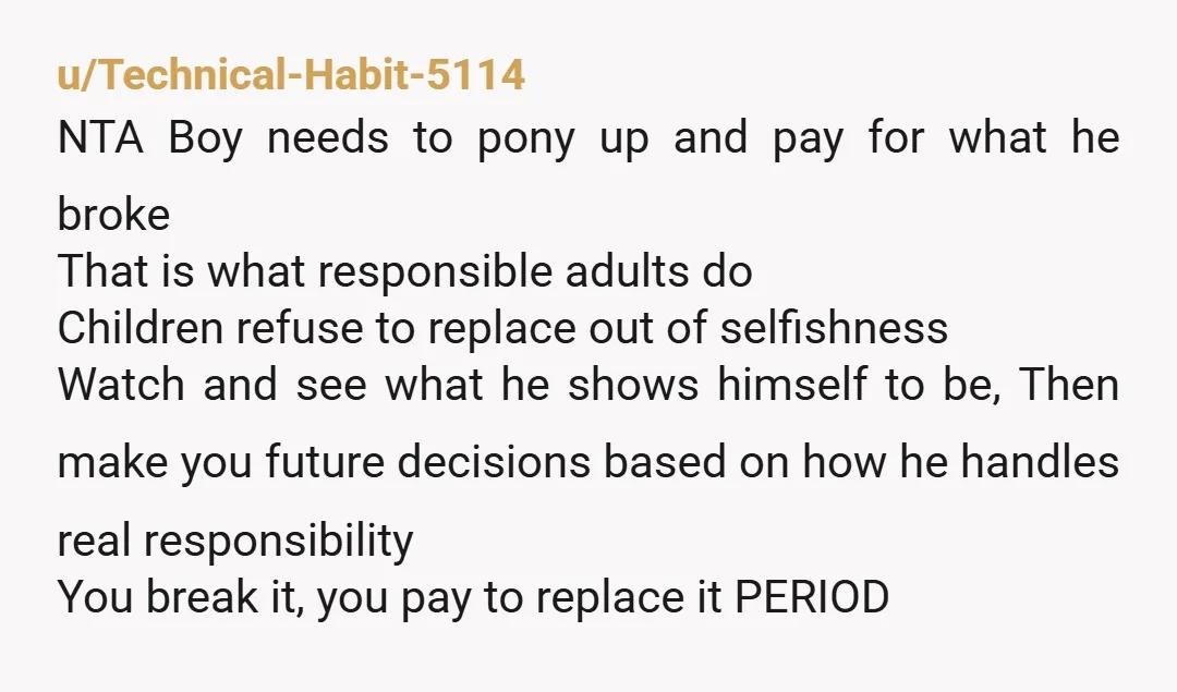 u/mountain_mists His try is not an equivalent reparation of the item HE lost. The responsibility lies in him to replace your stuff to the same model or better, NOT a...