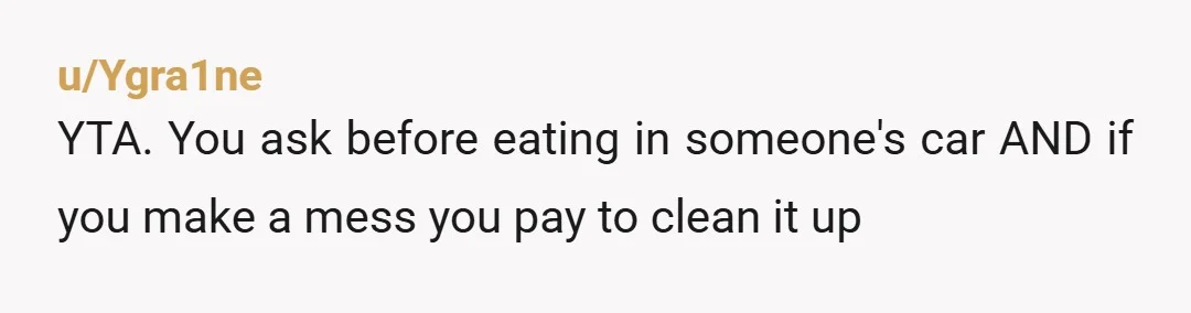 u/Ygra1ne
YTA. You ask before eating in someone's car AND if you make a mess you pay to clean it up