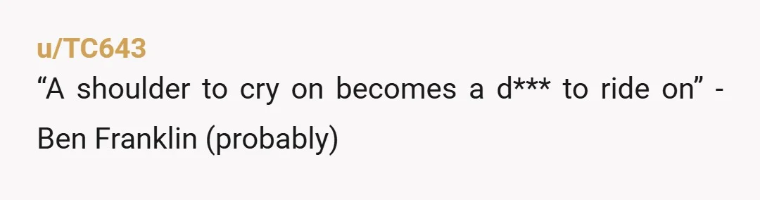 u/TC643 “A shoulder to cry on becomes a d*** to ride on” - Ben Franklin (probably)