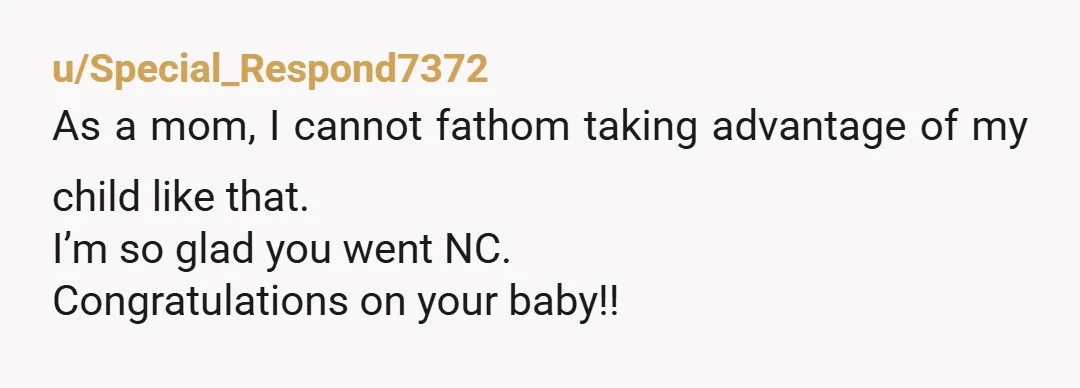 u/Special_Respond7372
As a mom, I cannot fathom taking advantage of my child like that.
I’m so glad you went NC.
Congratulations on your baby!!