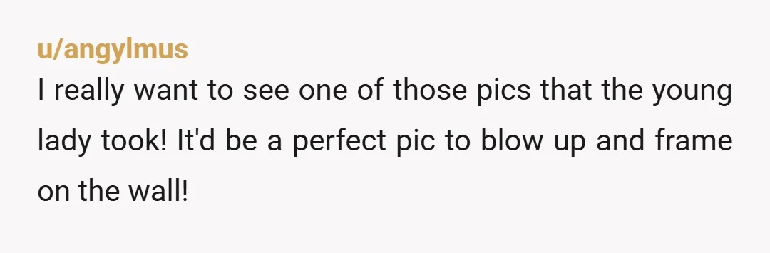 u/angylmus
I really want to see one of those pics that the young lady took! It'd be a perfect pic to blow up and frame on the wall!