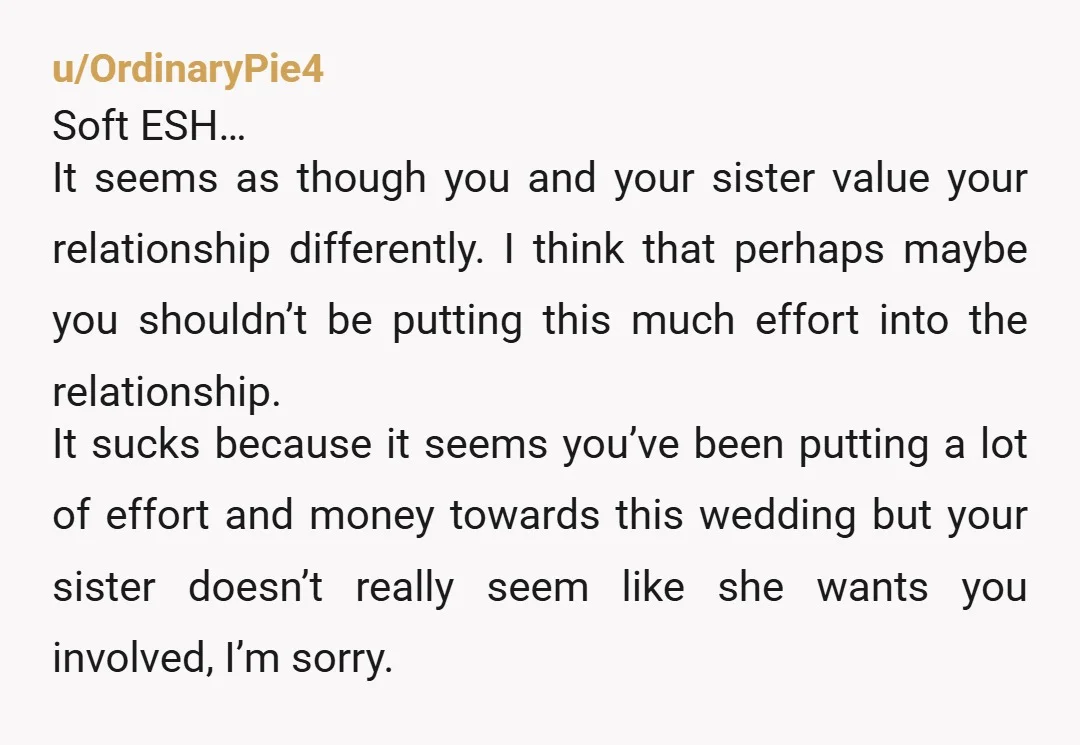u/victrin
This reads like projection.
The wedding isn’t about you.
That doesn’t mean there isn’t real hurt, the outlet just comes off as very odd.