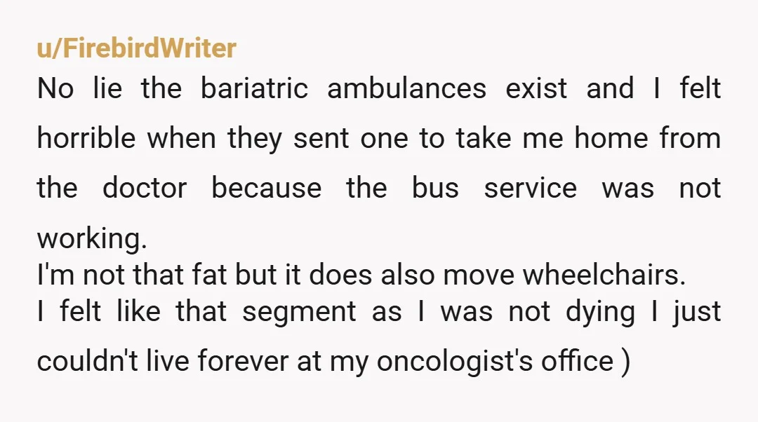 u/FirebirdWriter No lie the bariatric ambulances exist and I felt horrible when they sent one to take me home from the doctor because the bus service was not working. I'm...