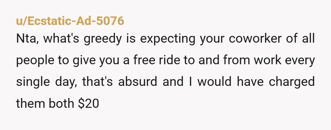 u/RetiredHomeEcTchr NTA - I wish everyone who complains about co-workers asking for transportation on a regular basis would do this. Calculate the extra miles for just one of them. Multiply...