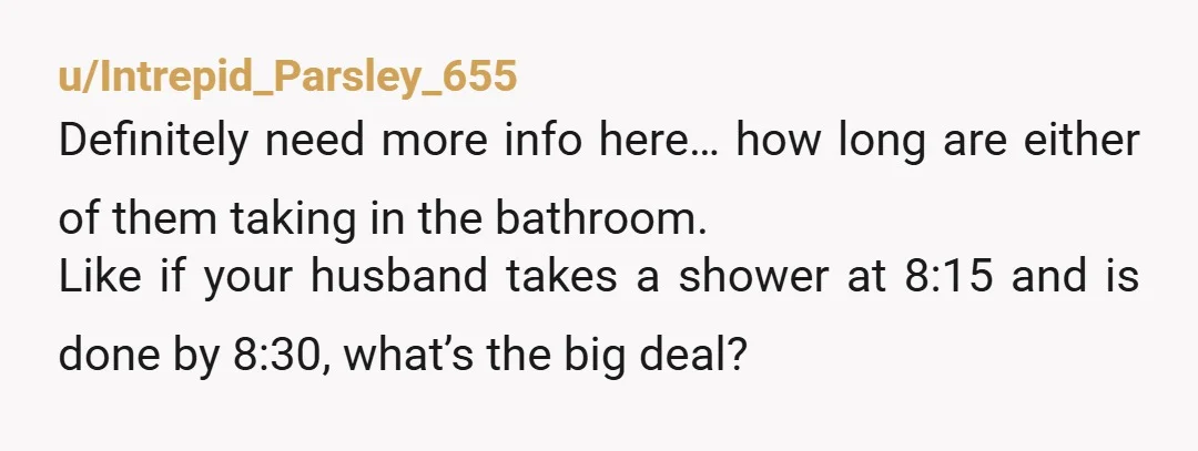 u/Federal_Designer4002
NTA.
Your husband is immature.
He can use the bathroom at an earlier time, but he'd rather be a jerk to his son.