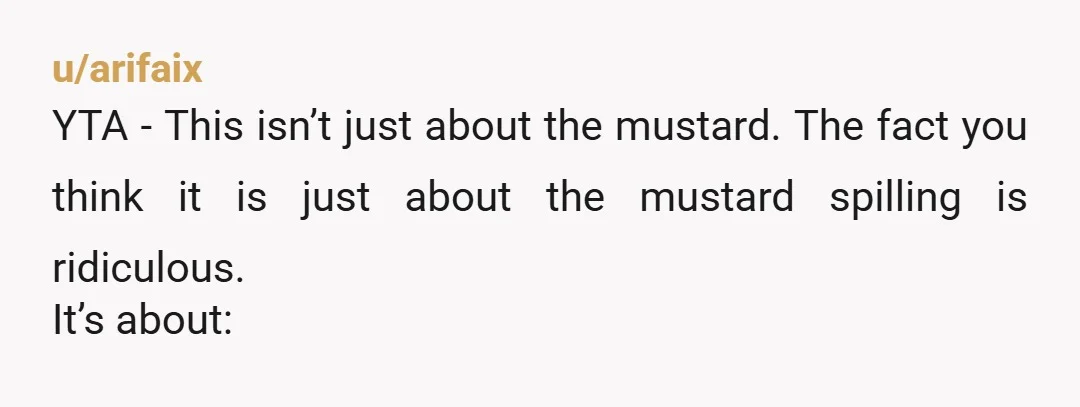u/arifaix YTA - This isn’t just about the mustard. The fact you think it is just about the mustard spilling is ridiculous. It’s about: The fact you are 37yo and...