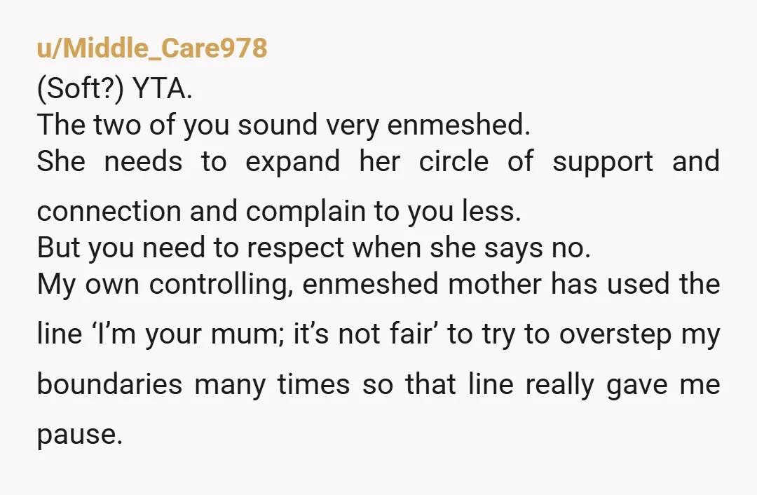 u/boundaries4546 NTA. “When you say this.” ”she can’t live like this.” “I will respond by coming over, or calling for a welfare check. It’s not fair to say those words,...