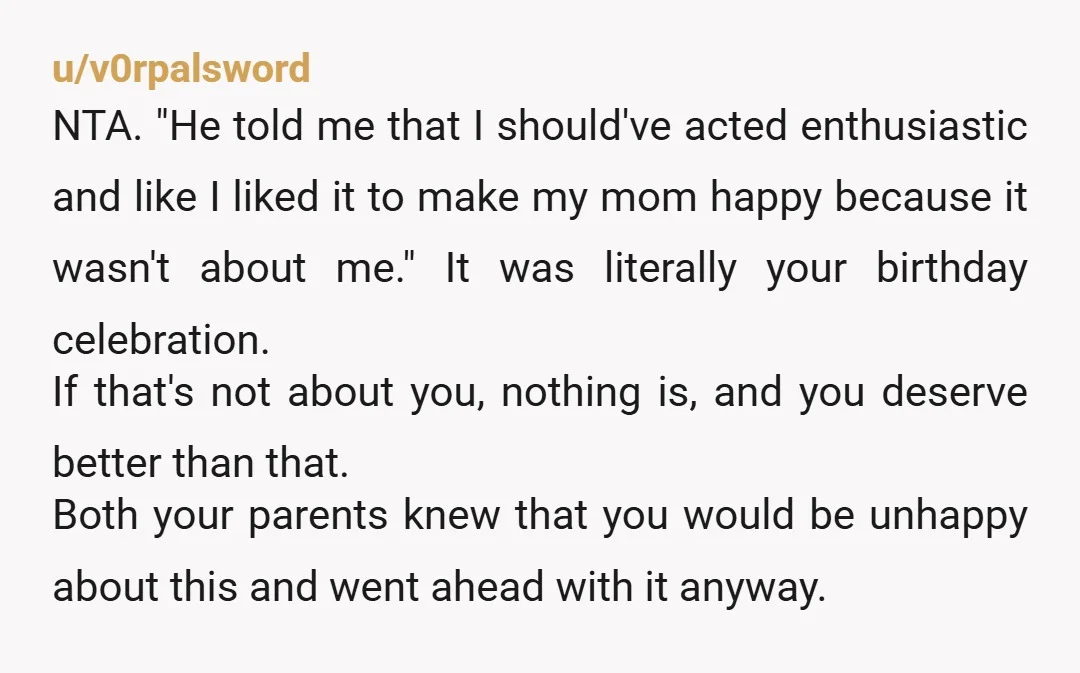 u/Onocleasensibilis NTA it in fact is about you. It’s literally YOUR birthday. You weren’t mean about it either. I would suggest getting the cake recipe so you can make it...