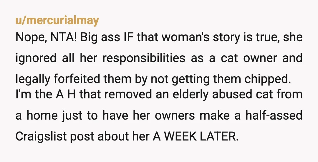 u/WiseDeparture9530
Keep the kitties. And keep them inside or build a catio. This is cringe on FB posters part.