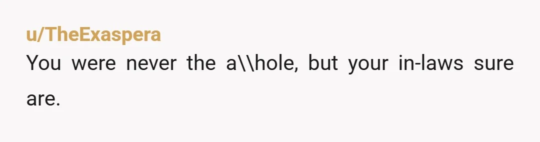 u/LordInnsmouth
NTA, and it's time to tell the in-laws to keep their s*** comments to themselves