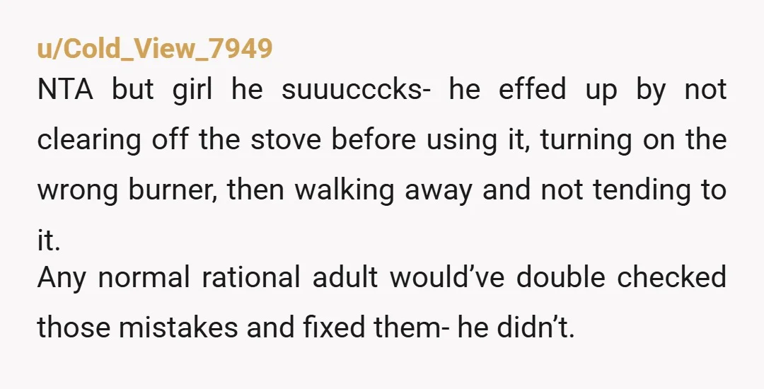 u/Cold_View_7949 NTA but girl he suuucccks- he effed up by not clearing off the stove before using it, turning on the wrong burner, then walking away and not tending to...