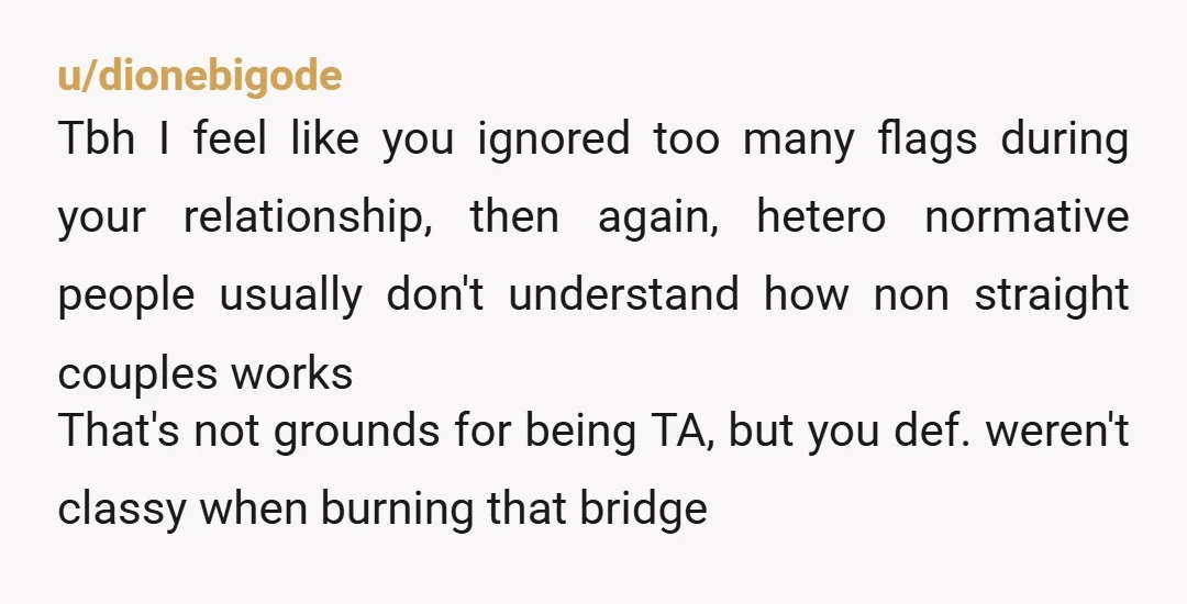 u/dionebigode Tbh I feel like you ignored too many flags during your relationship, then again, hetero normative people usually don't understand how non straight couples works That's not grounds for...