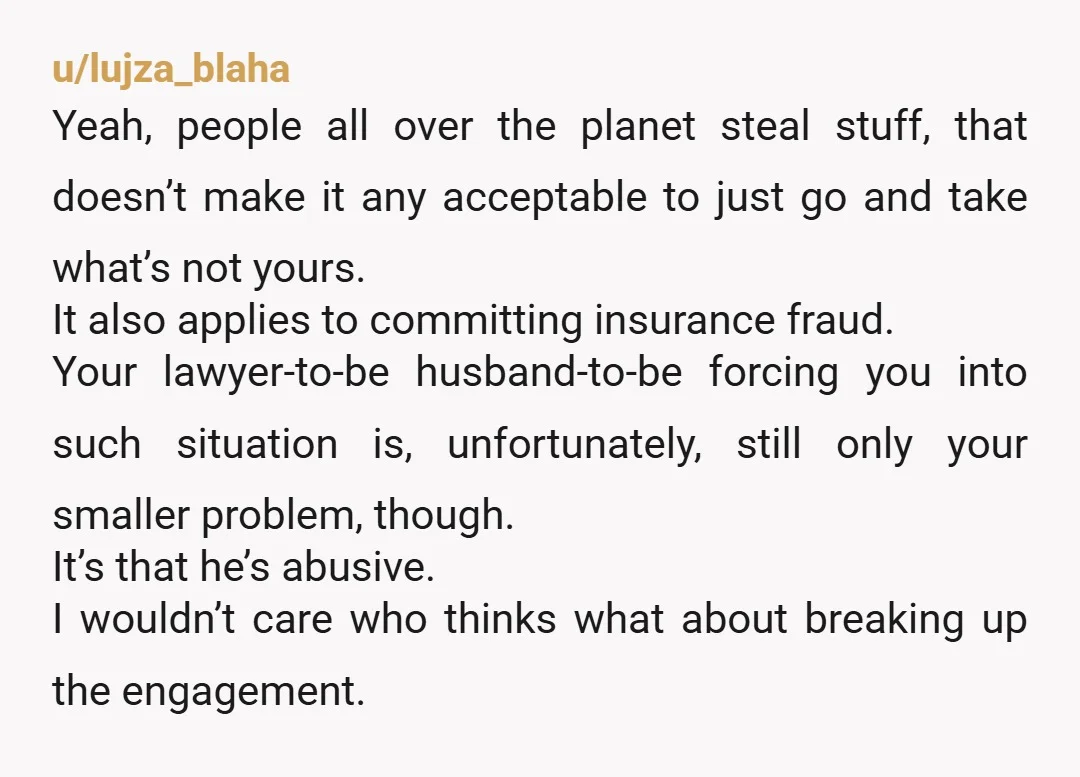 u/Akasha250 That's not ONE red flag. That's a nice little red flag collection you've got there. Different shades and all. ​ Like. Insurance fraud. Thinking insurance fraud is fine. Pressuring...