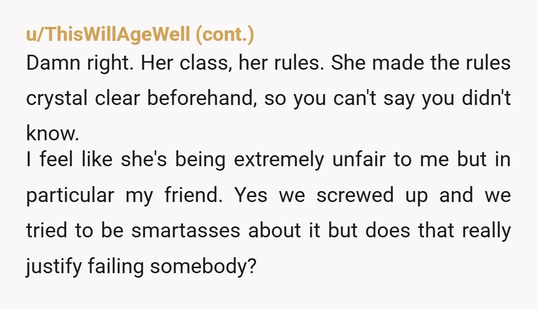 u/Riyokosan So you knew you could not talk about football and that it was worth 20% of your final grade. You choose to ignore clear instructions and can't accept consequences?...