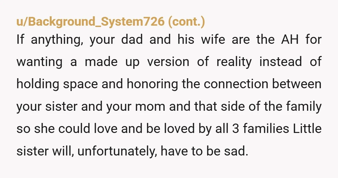 u/Visual-Lobster6625 NTA - you explained it very well - she's not obligated to spend time with your mom's family, but that doesn't mean you have to stop. She has to...