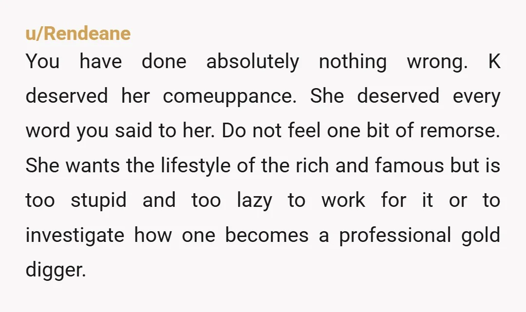 u/Rendeane You have done absolutely nothing wrong. K deserved her comeuppance. She deserved every word you said to her. Do not feel one bit of remorse. She wants the lifestyle...