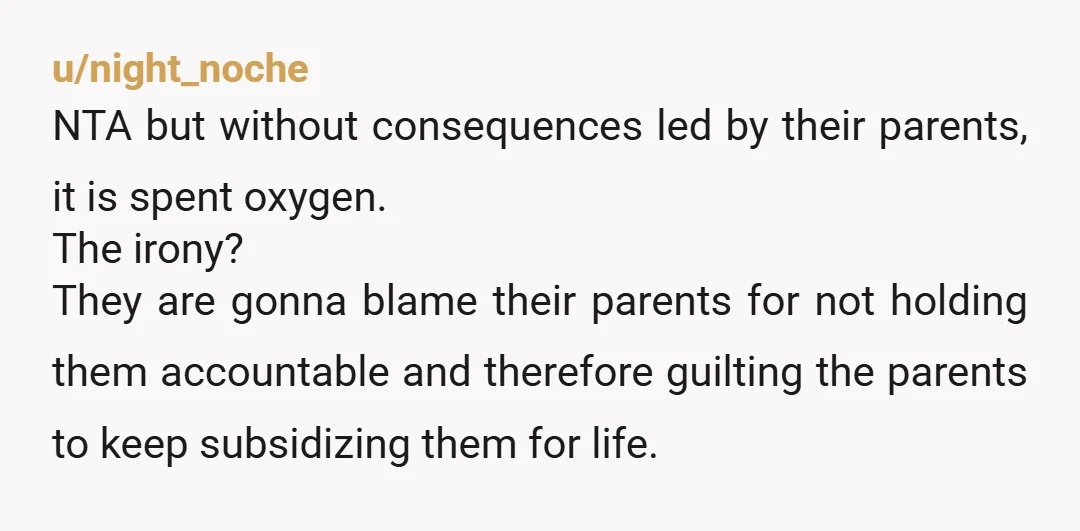 u/night_noche NTA but without consequences led by their parents, it is spent oxygen. The irony? They are gonna blame their parents for not holding them accountable and therefore guilting the...
