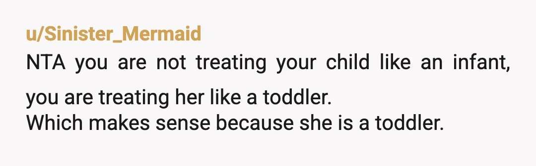 u/VanillaCultural6205 Nobody is the AH here. A 3 year old is tough. You're both right and you're both wrong. At age 3, sometimes your daughter does need discipline and to...