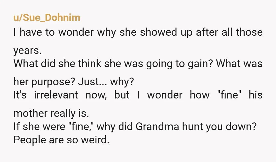 u/gmabarrett2 Your MIL is a self centered b****. Her behavior was disgusting. Your son behaved in a good way, neither he nor you owe this human detritus anything. You do...
