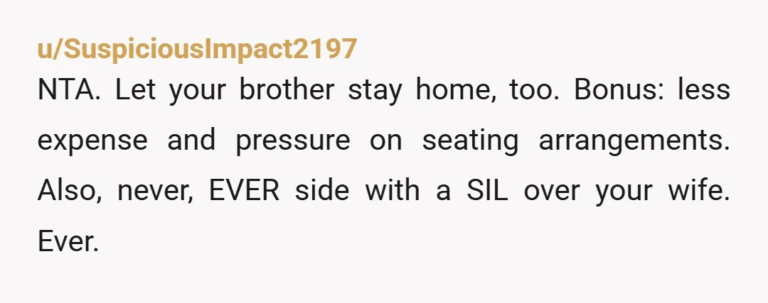 u/SuspiciousImpact2197
NTA. Let your brother stay home, too. Bonus: less expense and pressure on seating arrangements. Also, never, EVER side with a SIL over your wife. Ever.