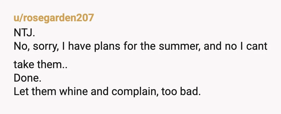 u/pastelfennecfox NTJ don’t take them. The aunt is trying to guilt trip you because she dosnt want to parent her own kids. They are not your responsibility and it doesn’t...