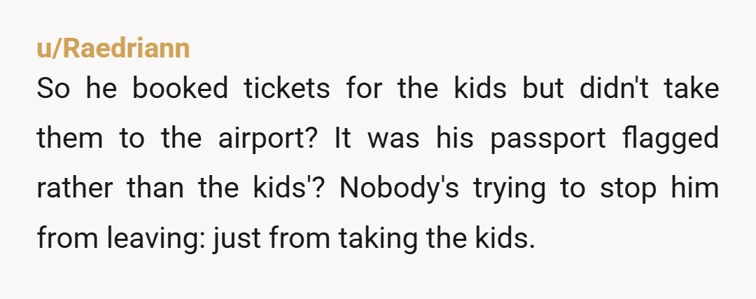 u/Raedriann So he booked tickets for the kids but didn't take them to the airport? It was his passport flagged rather than the kids'? Nobody's trying to stop him from...