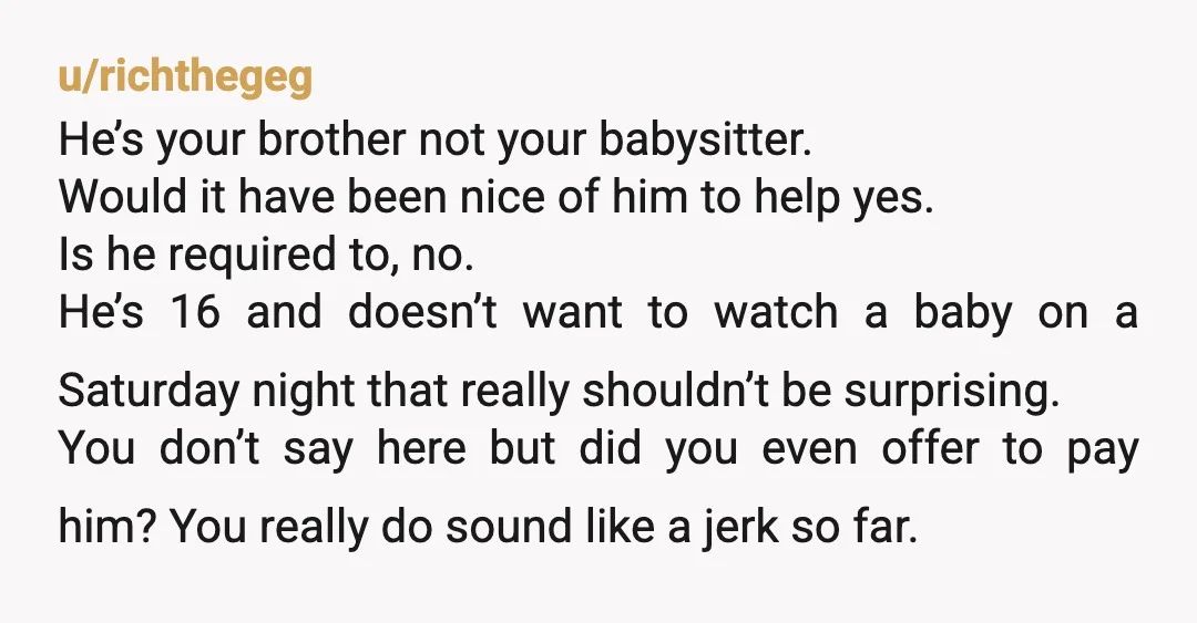 u/Such-Problem-4725 No one, again NO ONE is responsible for taking care of your children! You decided to have them so you can miss your evenings out. You don’t always get...