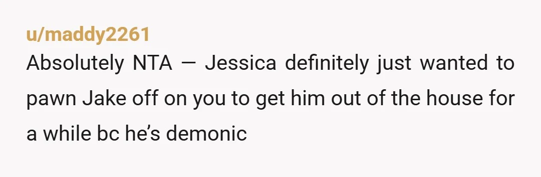 u/maddy2261
Absolutely NTA — Jessica definitely just wanted to pawn Jake off on you to get him out of the house for a while bc he’s demonic